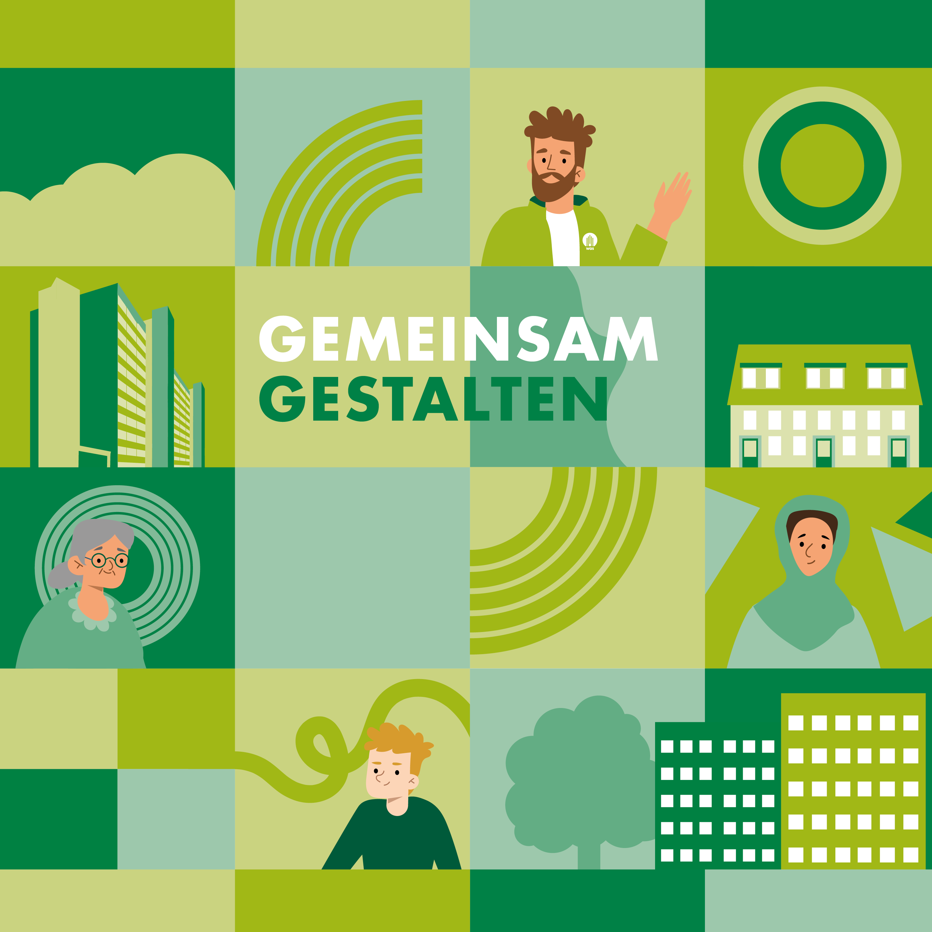 Illustrative Grafik mit dem Schriftzug ‚Gemeinsam gestalten‘, umgeben von stilisierten Menschen, Gebäuden und Symbolen – Ausdruck für Teilhabe, Vielfalt und gemeinschaftliches Engagement im Wohnumfeld.