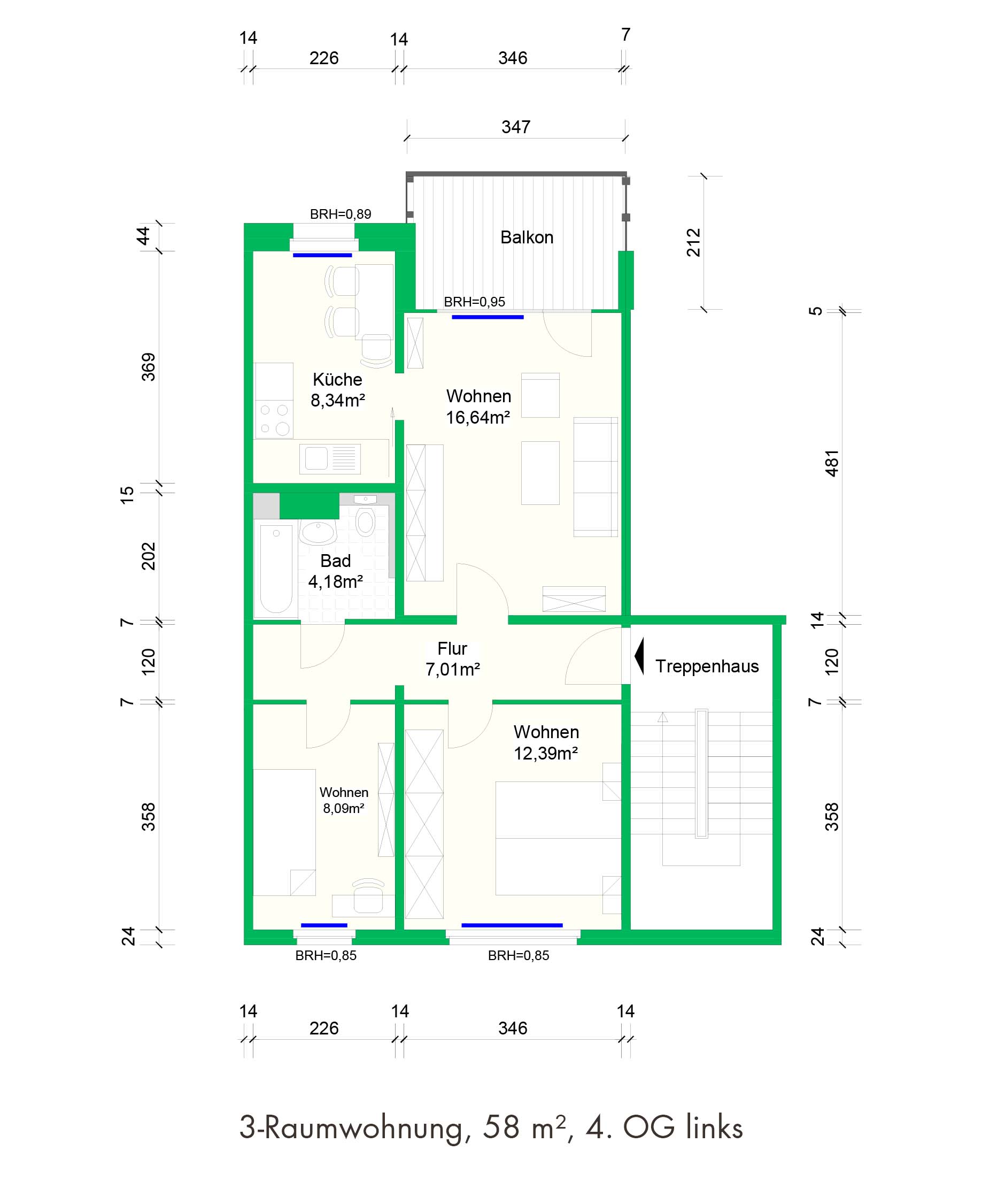 3-Raumwohnung, 58 m², 4. OG links