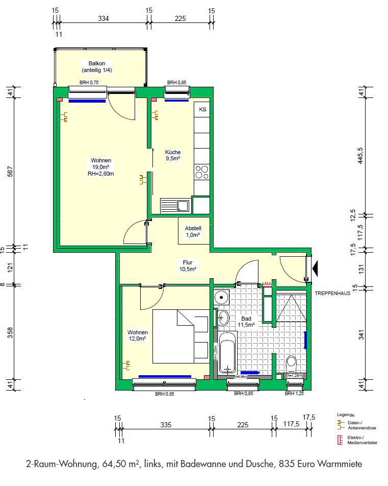 Anne-Frank-Str. 19, 2 RWE, 64,50 m², links, 835 Euro Warmmiete