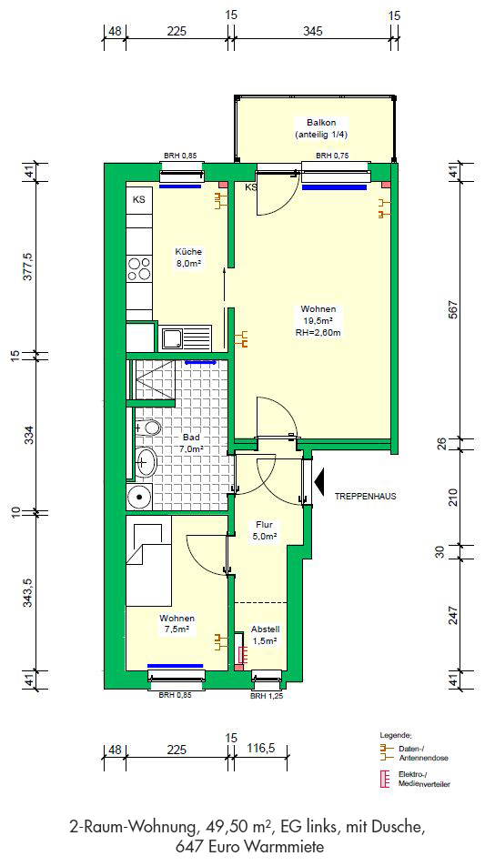 Anne-Frank-Str. 23, 2 RWE, EG links, 49,50 m², 647 Euro Warmmiete